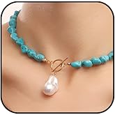 Chunky Turquoise Beaded Necklace for Women Toggle Blue Beaded Choker Necklaces Boho Natural Stone Baroque Pearl Pendant Necklace Vintage Ethnic Jewelry