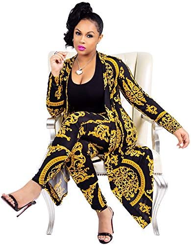 Women 2 Piece Outfits Striped Floral Open Front Yellow Cardigan and Pants Set