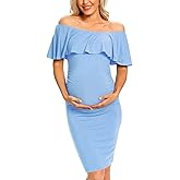 VmSlyii Ruffle Off Shoulder Maternity Dress Ruched Side Bodycon Pregnancy Dress for Baby Shower/Photography