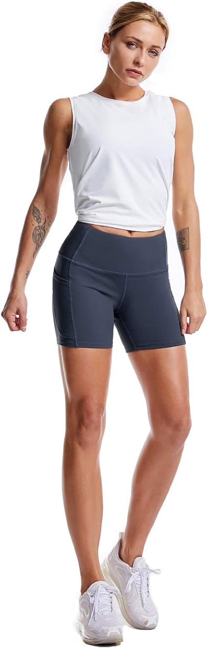 THE GYM PEOPLE High Waist Yoga Shorts for Women Tummy Control Fitness Athletic Workout Running Shorts with Deep Pockets: Clothing