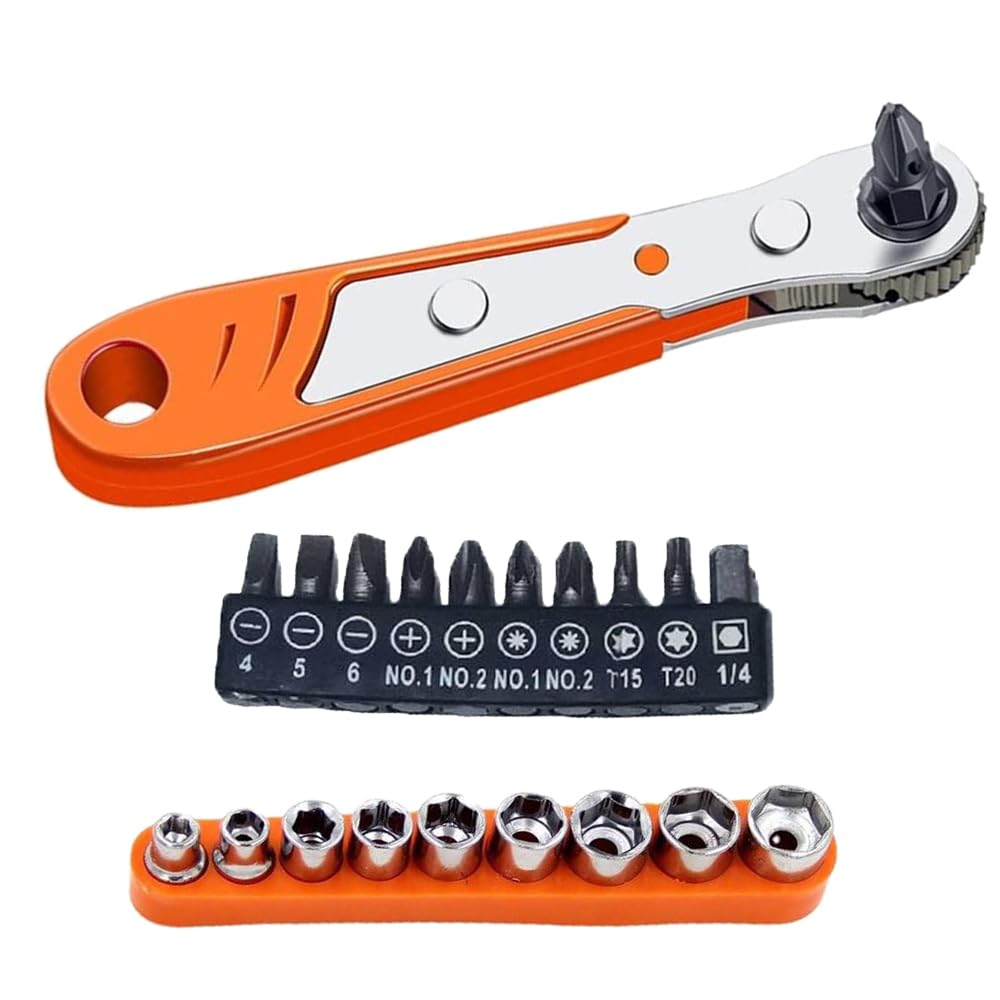 ieron 3 Pack Mini Ratchet Wrench, Right Angle Phillips 36 Teeth Magnetic Screwdriver for Awkward Spaces, with 1/4 Inch Drive High Torque Offset Reversible Offset Screwdriver and Bits Set