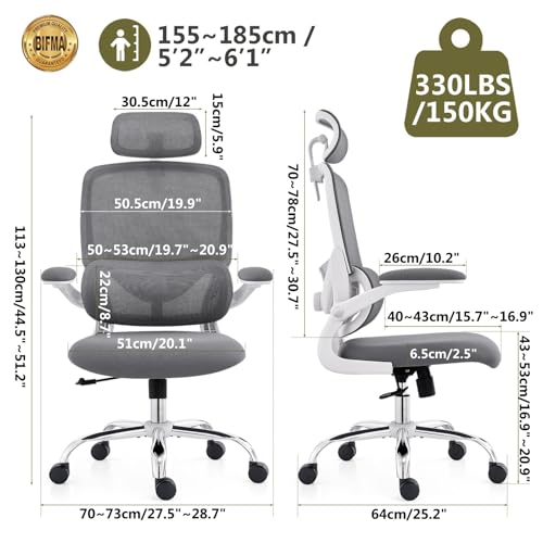 TONFARY Ergonomic Home Office Chair, High Back Mesh Desk Chair with Adjustable Lumbar Support, Flip-up Armrest, Removable Headrest, Swivel Computer Gaming Chair, Space Saving, 150KG (White+Grey)