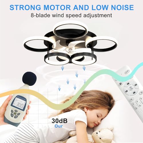SXJCCSM 72 W Dimmable Ceiling Fan Ceiling Light, Silent LED Chandelier Design with 6 Rings with Remote Control and APP, 6 Speeds Reversible, Timing, Suitable for Kitchen, Living Room, Bedroom, Black