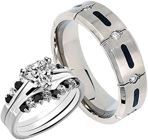 His and Hers 4 pcs 2.6CT Sterling Silver Black Heart CZ Eternity Titanium Wedding Ring Set Sz7,10