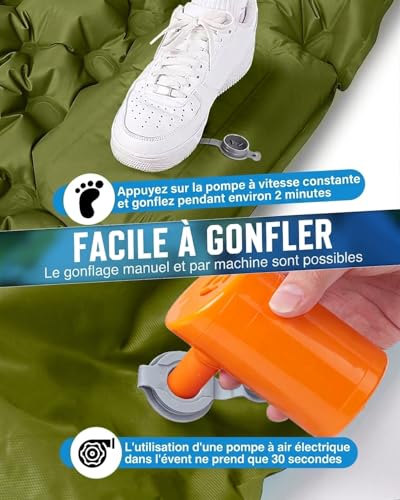 Hingue Matelas Gonflable 2 Personnes Camping, Matelas Camping 2 Personnes Autogonflant avec Pompe à Pied et Oreillers Intégrés, Matelas Trekking Imperméable Compact pour Tente,Randonnée- Vert Armée
