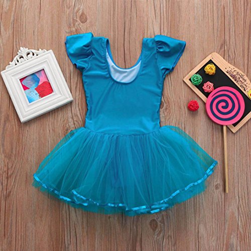 Toddler Girls Gauze Leotards Bodysuit Dancewear Dress Short Sleeve Ballet Skirts (Blue, 24M)