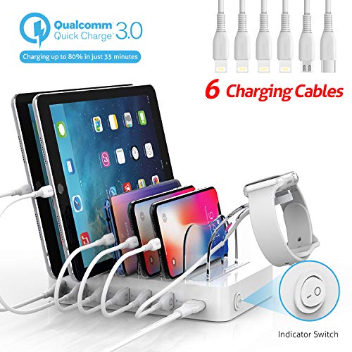 Soopii Quick Charge 3.0 60W/12A 6-Port USB Charging Station Organizer for Multiple Devices, 6 Short Charging Cables Included, I Watch Charger Holder,for Phones, Tablets, and Other Electronics