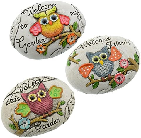 Decorative Garden Stones Set of 3 Owls With Sayings Fairy Garden Accessories