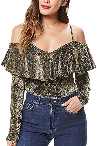 in2you Long Sleeve Bouncy Ruffle Shiny Lurex Bodysuit (Large, Gold)