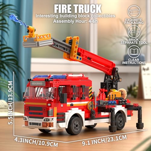 City Fire Truck with Ladder Toy (798PCS), Collectible Emergency Vehicle Model Kit, Birthday Gift for 6 Year Old Boys Girls and Adults