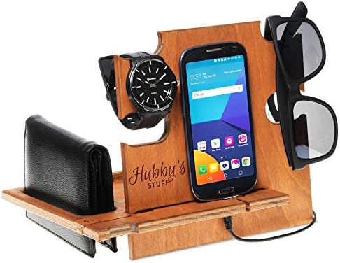 Hubby's Gift, Docking Station, Anniversary Gift, Gift for Men, Gift for Him, Charging Station - Christmas Gift, Cell Phone Stand, Desk Organizer, Docking Station Hubby's Stuff (8- Teak)
