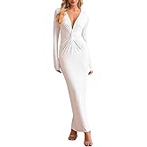 HTZMO Women Long Sleeve Bodycon Maxi Dress Sexy Deep V Neck Ruched Wedding Guest Formal Party Fall Long Dresses