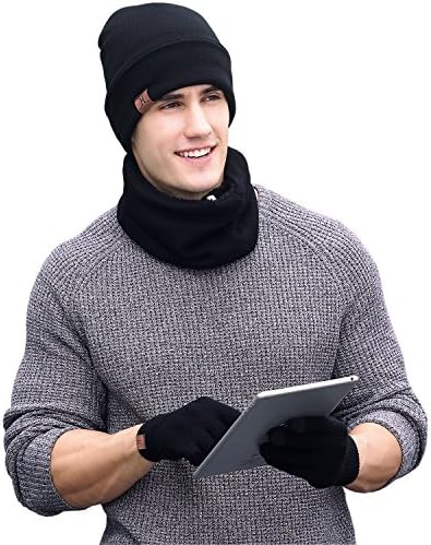 Winter Men Beanie Hat + Scarf + Touch Screen Gloves, 3 Pieces Winter Warm Clothing Set for Men