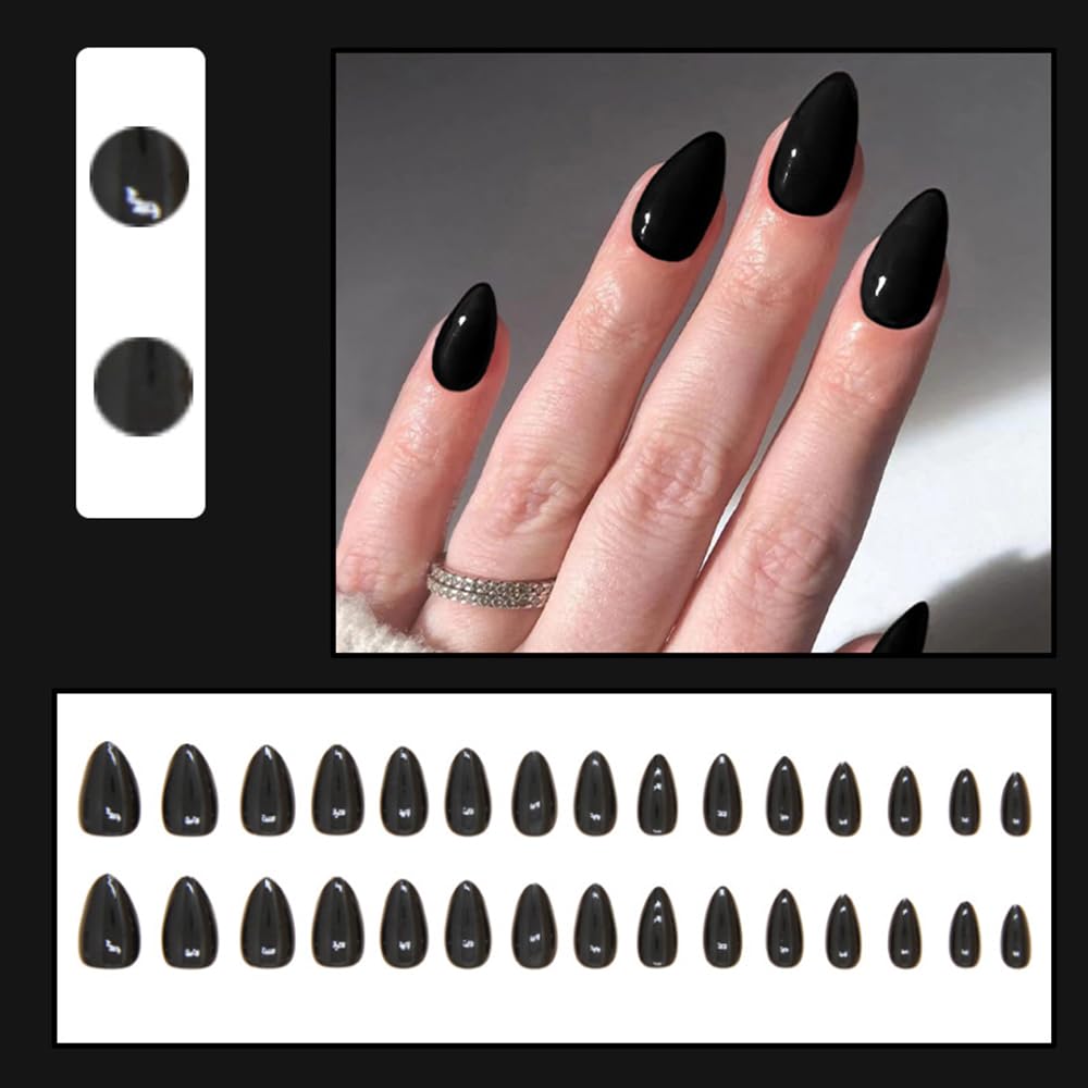 30 Pcs Black Press on Nails Short Almond - YEFIUO Extra Short Fake Nails Press ons Nail Art Tips French Glitter Glue on Nails with Design Full Cover False Nails Stick on Nails Acrylic Nail Kit - Image 2