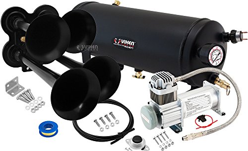 Vixen Horns Loud 149dB 4/Quad Black Trumpet Train Air Horn with 1.5 Gallon Tank and 150 PSI Compressor Full/Complete Onboard System/Kit VXO8115/4114B