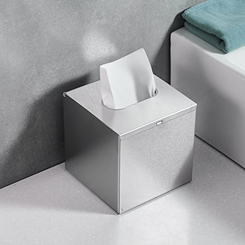 JunSun Square Paper Facial Tissue Box Holder Cover -Wall Mounted or Freestanding Use for Bathroom Vanity Countertops, Bedroom Dressers, Night Stands, Desks and Tables - Stainless Steel, Brushed Nickel