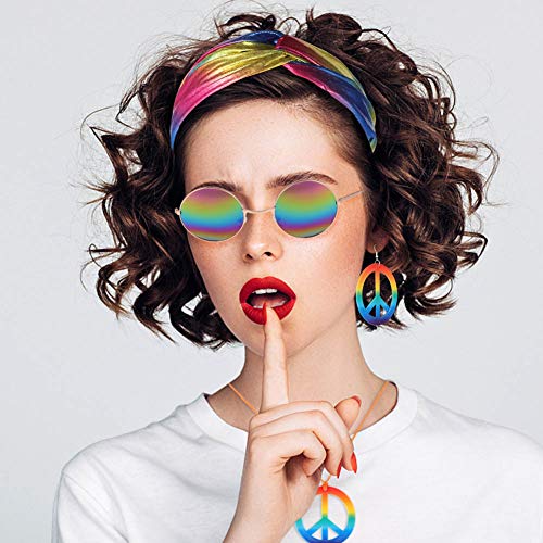 BKpearl Hippie Costume Set, Hippie Sunglasses Peace Sign Necklace and Earring with Bow Knot Headband