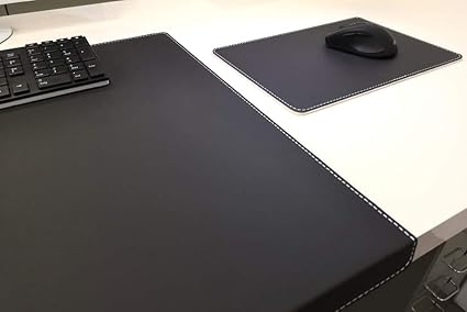 Gewinkelte Schreibtischunterlage mit Kantenschutz + Mousepad Echt Leder Schwarz mit weißen Absatz 90 x 47cm Echt Rindsleder g
