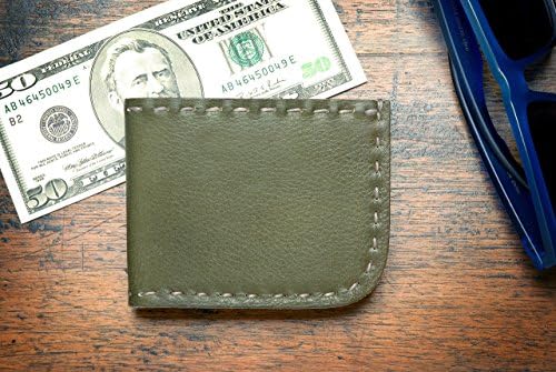Olive green front pocket leather wallet vegetable and chrome tanned mix with hand sewing hand made slim olive green bifold.