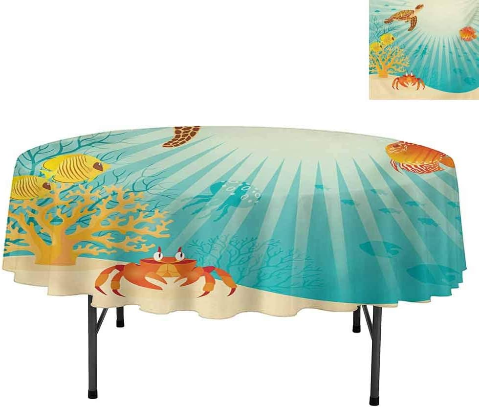 Aishare Store Waterproof Tablecloth, Tropical Fishes Crab Loggerhead Sea Turtle Oceanic Sun R, Tablecloth for Home Kitchen Dining Room, Round 36", Multicolor