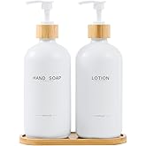 BONLONG Bathroom Soap Dispenser Set, Bamboo Pumps & Tray, Lotion Dispenser, and Hand Soap Dispenser Bathroom Counter Decor. (White)