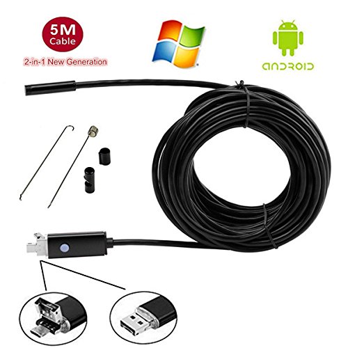 Click Here to See More Images 2 in 1 Smart USB Endoscope,JUSTUP 6 LED Waterproof Inspection Camera with 5m/16.4ft Snake Soft Wire for PC,Laptops and Android Smartphones