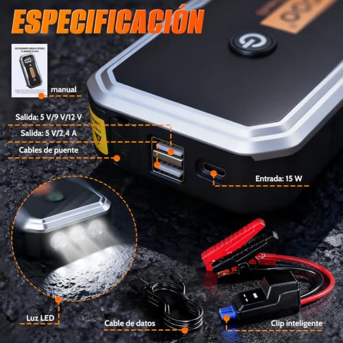 Essgoo Arrancador de Bateria de Auto Portatil con Linterna de Emergencia | Pantalla LED Y Todos Los Accesorios, Jump Starter Coche De 12V (10,0L Gasolina/8,0L Diésel)