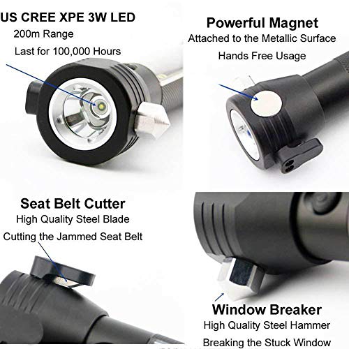 Brightest LED Car Flashlights Set, MOCCO 7 in 1 Multi-Function COB Light Solar Powered Water Resistant Ultra Bright 3W LED Car Emergency Flashlight Rechargeable Torch Light with Compass - Thumbnail 3
