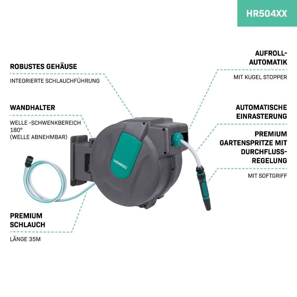 VONROC Schlauchtrommel Gartenschlauch als Schlauchaufroller 35 Meter - Wasserschlauch 180° drehbar als Schlauchbox inkl. Schlauchhalter Wand & Einzugautomatik - Grün 2