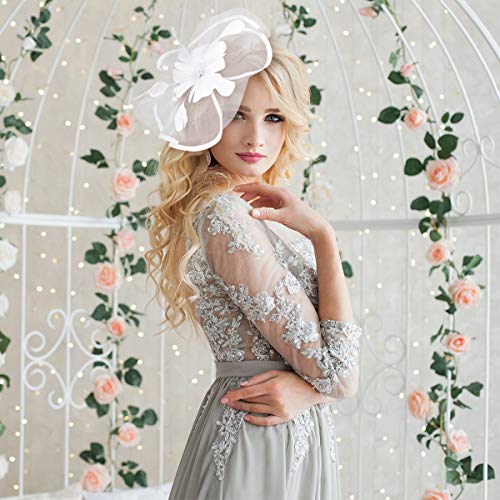 Fascinator Hat Jack & Rose Flower Feather Net Mesh Kentucky Derby Tea Party Headwear with Hair Clip and Hairband for Women or Girls (White)
