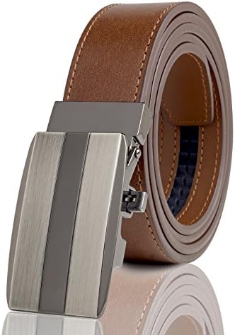 Cremson Men Gift Genuine Leather Metal Automatic Buckle Track Ratchet Dress Belt - Gunmetal &amp; Silver Automatic Buckle/Copper Leather