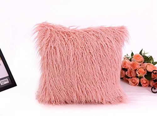 VANSILK  Soft Comfy Plush Mongolian Faux Fur Hidden Zipper Throw Pillow Case, 18-Inch-by-18-Inch (45 x 45cm), Pink