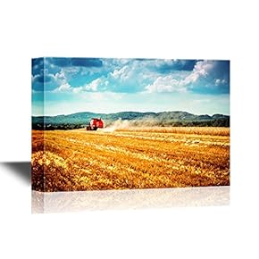 Landscape Canvas Wall Art - Combine Harvester Working on a Corn Field - Gallery Wrap Modern Home Art | Ready to Hang - 12x18 inches