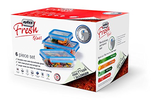 Zyliss Fresh Glass Food Storage Container 6-Piece Set with Snap Locking Lids – 100% Leak Proof Airtight - Stackable