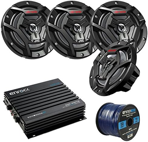 Marine Speaker And Amp Package: 4x JVC CS-DR6200M 100-Watt 6.5" 2-Way Coaxial Speakers Bundle Combo With Enrock 400-Watt 4-Channel Black Waterproof Bluetooth Amplifier + 50Ft 16g Speaker Wire