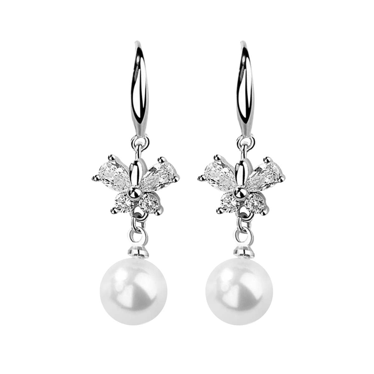 Mecool S925 Sterling Silver Dangle Earrings CZ Bow-knot Faux Pearl Teardrop Earrings For Women