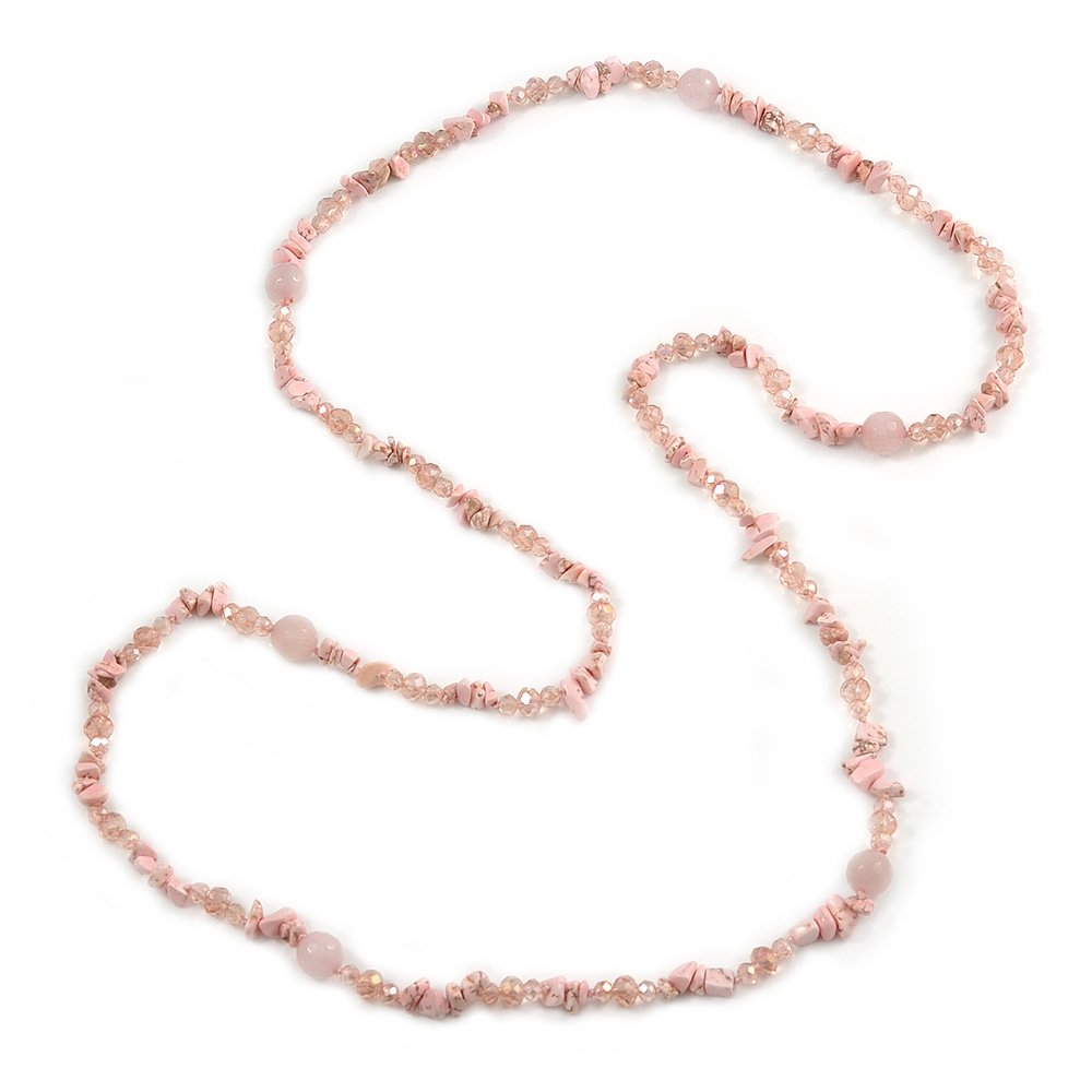 Avalaya Pastel Pink Semiprecious Stone Nugget, Agate and Glass Crystal Bead Long Necklace/ 120cm L