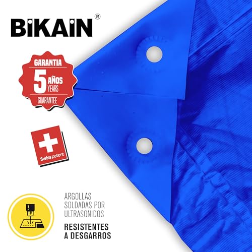 Bikain - Waterproof Outdoor Tarpaulin - 5 x 8 Metres - 70 g/m2 Reinforced - Tear-Resistant Rings - 100% Waterproof and 100% UV Protection Canopy - Multipurpose Cover - 3 Layers Cross Laminated