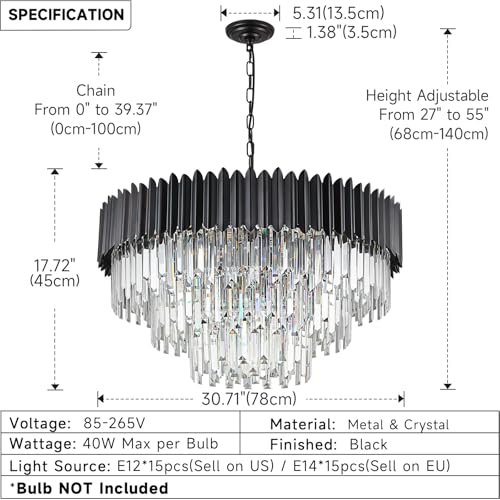 KUNYEEE Modern Luxury Crystal Pendant Light, Black Crystal Chandelier, 15xE14 Drop Chandelier Light Recessed Ceiling Light for Dining Room, Φ80cm