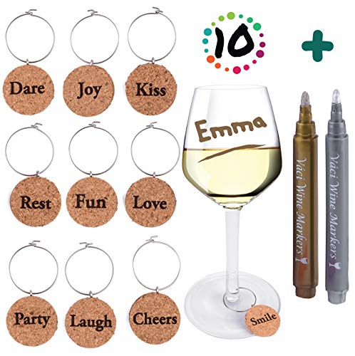Wine Charms by Vaci Set of 10 Inspirational Charms + 2 Wine Glass Markers, Authentic Wine Corks Material Drink Markers for Parties, Holidays Wine Gift Set - Thumbnail 4