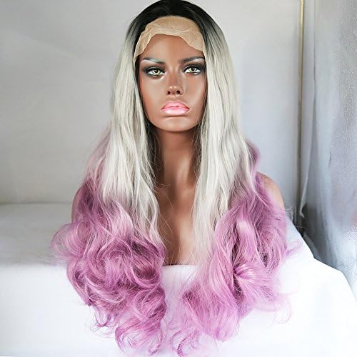 Rongduoyi Long Heat Resistant Synthetic Hair Half Hand Tied Body Wavy Ombre 3 Tone Black Gray &amp; Purple Lace Front Wigs for Women 26inch