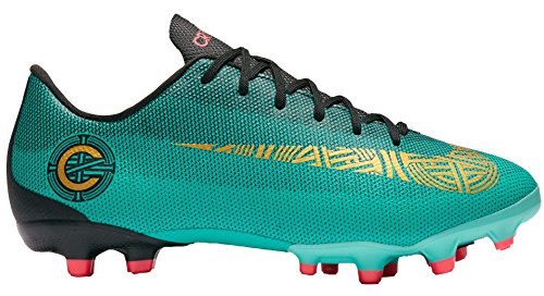 NIKE Junior Mercurial Vapor 12 Academy CR7 MG Soccer Cleats (Clear Jade/MTLC Gold) (3.5)