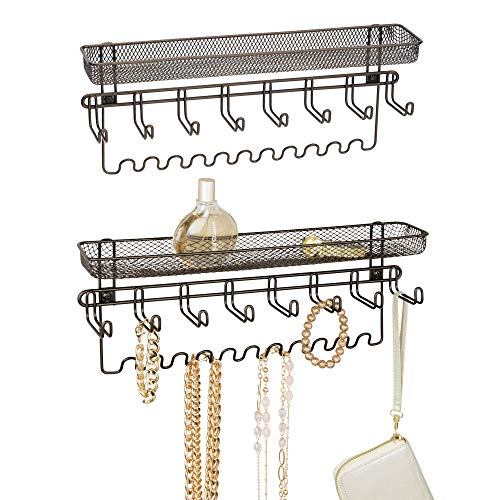 mDesign Closet Wall Mount Jewelry Accessory Organizer for Storage of Necklaces, Bracelets, Rings, Earrings, Sunglasses, Wallets - 8 Large /11 Small Hooks, 1 Basket - 2 Pack, Bronze mDesign Closet Wall Mount Jewelry Accessory Organizer for Storage of Necklaces, Bracelets, Rings, Earrings, Sunglasses, Wallets - 8 Large /11 Small Hooks, 1 Basket - 2 Pack, Bronze