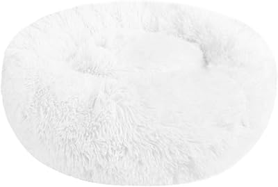 Nepfaivy Calming Dog Cat Donut Bed 15.75in Fluffy Round Plush Bed White