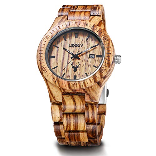 Uwood Zebra Sandal Wooden Japanese Quartz Analog Watch for Men with Calendar Unisex Wristwatch