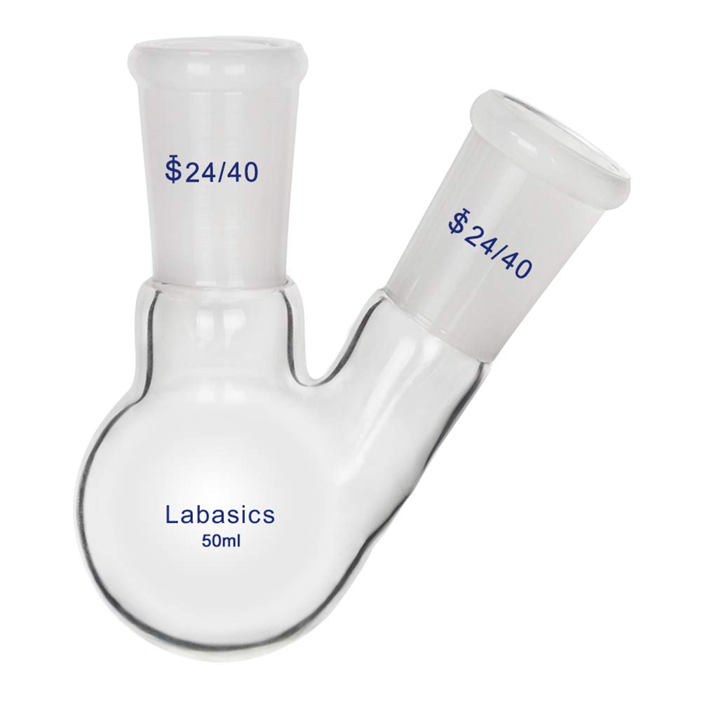 Labasics Glass 50ml 2 Neck Round Bottom Flask RBF, with 24/40 Center and Side Standard Taper Outer Joint, 50ml
