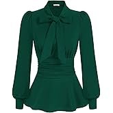 GRACE KARIN Women's 2025 Long Sleeve Peplum Dressy Shirt Office Bow Tie Work Blouses Tops Smocked Waist