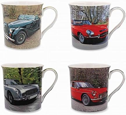CLASSIC CARS JAGUAR ASTON MARTIN MGB MORGAN SET OF 4 FINE CHINA MUGS IN GIFT BOX