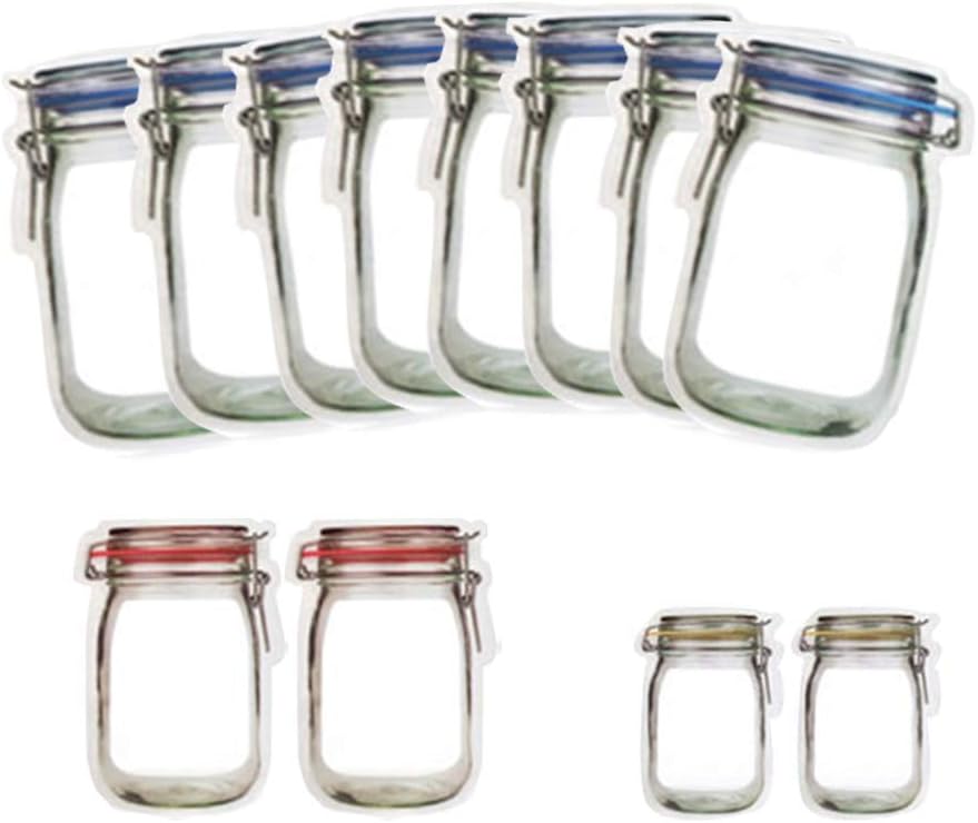 Enkrio 12 Pack Reusable Zip lock Snack Bags, Mason Jar Zipper Food Saver Snack Sandwich Ziplock Bags Leakproof Storage Bags for Kids Travel Camping(2Small,2Medium,8Large)