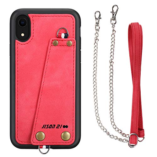 JISON21 iPhone XR case with Lanyard,iPhone XR Case Crossbody Chain with Credit Card Holder Slot Adjustable Detachable Strap Leather Case for Apple iPhone XR 6.1 inch 2018 … (Red)